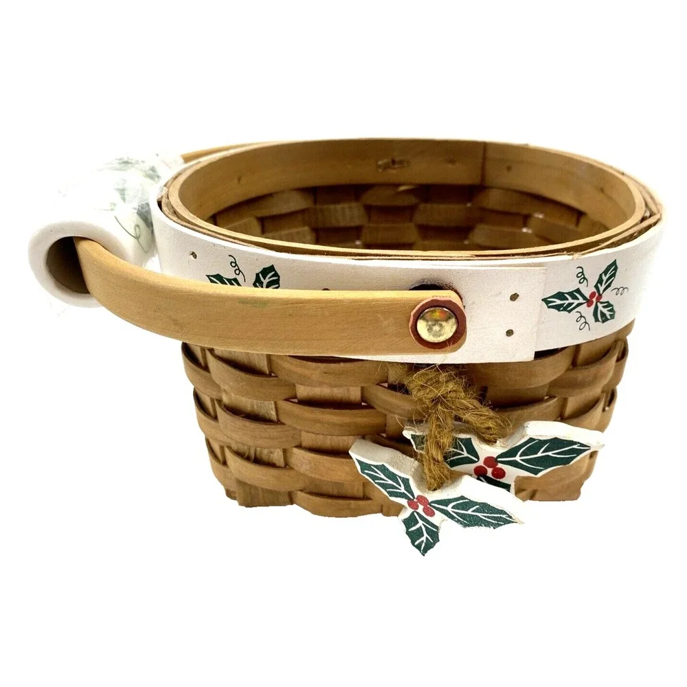 Wooden Woven Holiday Christmas Oval Baskets Porcelain Handle & Holly Leaves NEW